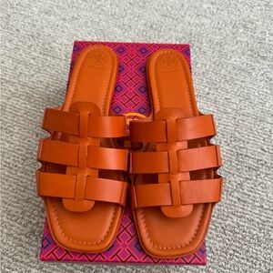 Tory Burch Fisherman Slide Miller Calf Sandal Size 10.5 (Orange) with box